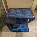 Sculptural C-Shaped Sofa Side Table with Blue Natural Wood Veneer, Integrated Drawer and Cantilever Base